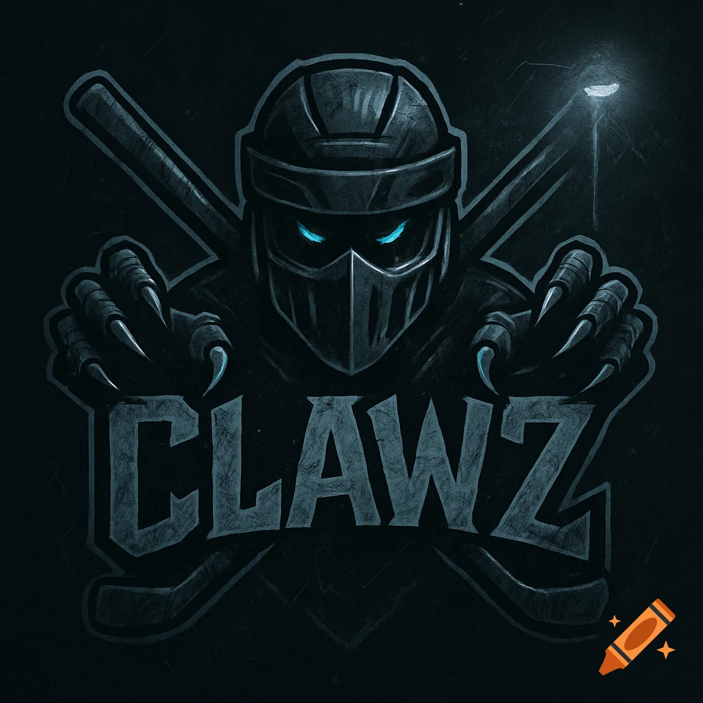 Dark, gritty sports logo with a hockey-masked figure, glowing blue eyes, clawed hands, and the word CLAWZ.