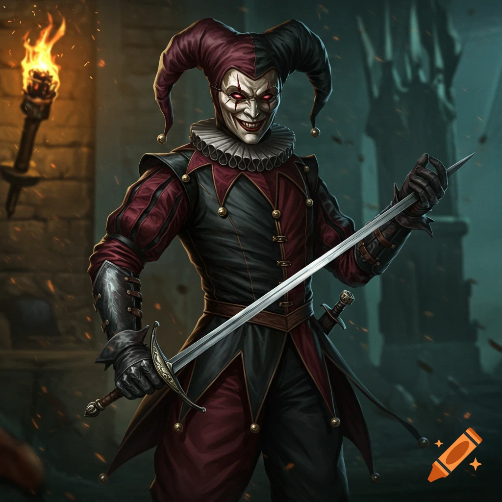 A creepy male jester in a black and red outfit with a mask and red glowing eyes holds a rapier in a dark dungeon, dnd art style.