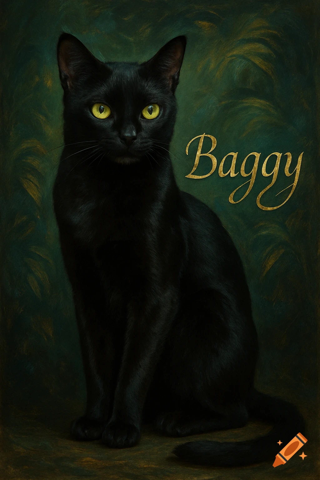A black cat with bright yellow eyes sits against a dark green and gold textured background, with the name "Baggy" written in golden script to its right.