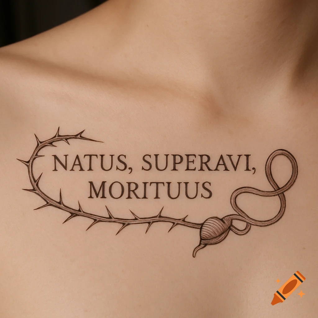 Close-up of a tattoo on a collarbone, featuring Latin text 'NATUS, SUPERAVI, MORITUUS' enclosed by a thorny vine and umbilical cord design.