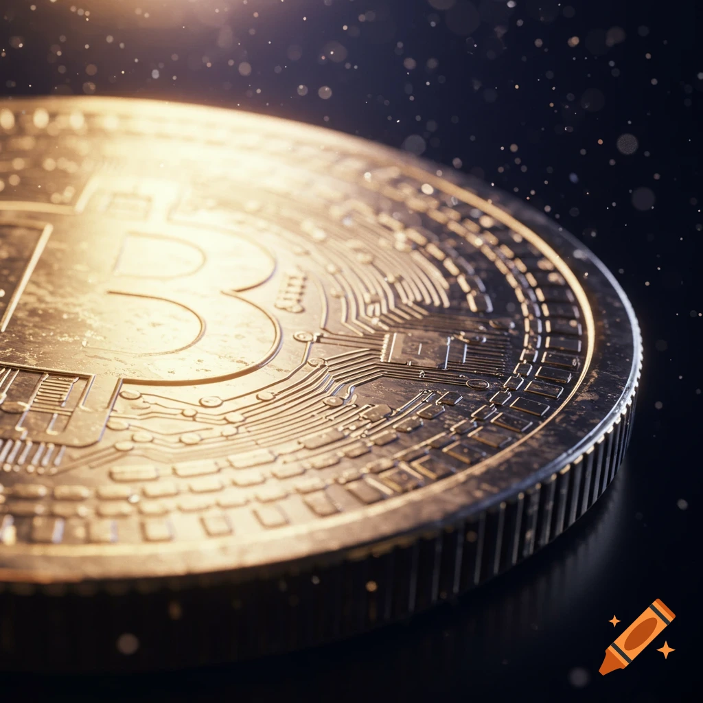 A close-up of a shimmering golden Bitcoin, showing its intricate circuit board-like patterns.