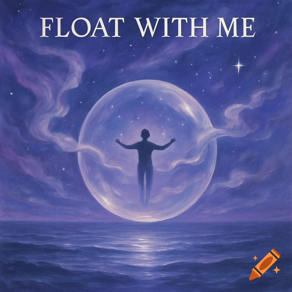 Silhouette of a person with outstretched arms in a glowing sphere above water under a starry night sky, with 'FLOAT WITH ME' text.