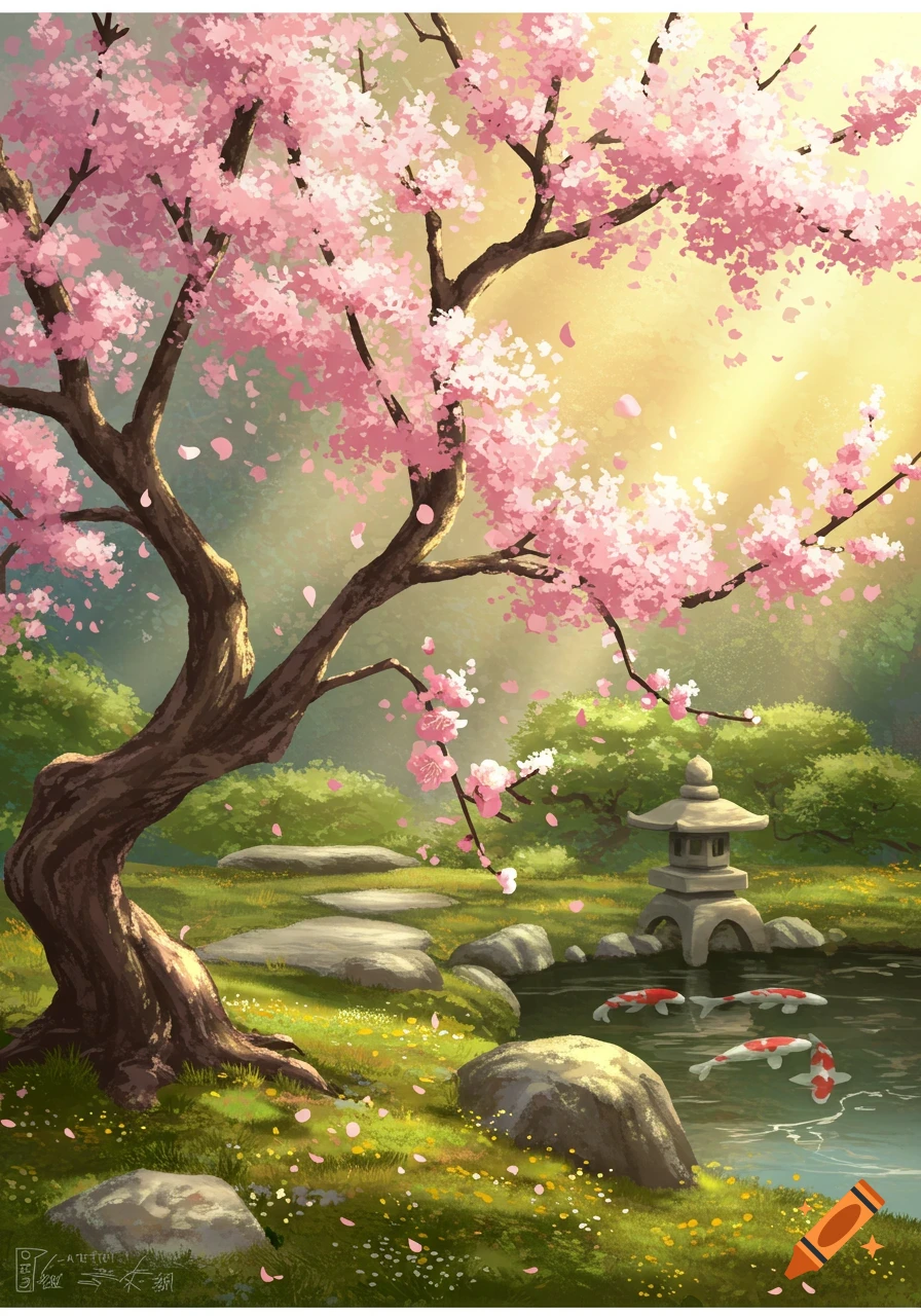 A vibrant Japanese garden scene with a pink cherry blossom tree, a pond with koi fish, and a stone lantern.