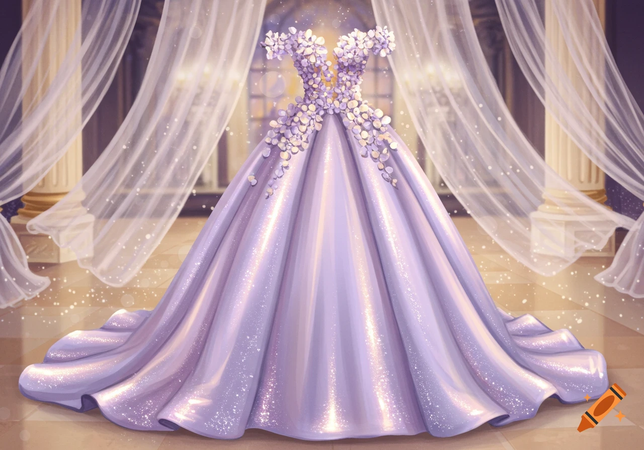 A shimmering light purple prom dress adorned with delicate white flowers on the bodice, set in an opulent hall with flowing sheer curtains.