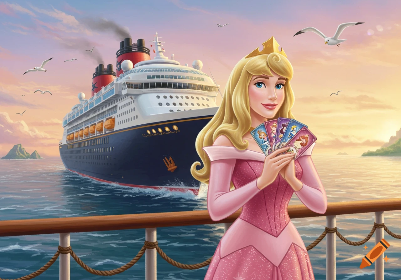 Princess Aurora holds trading cards on a Disney cruise ship deck at sunset, with islands in the background.
