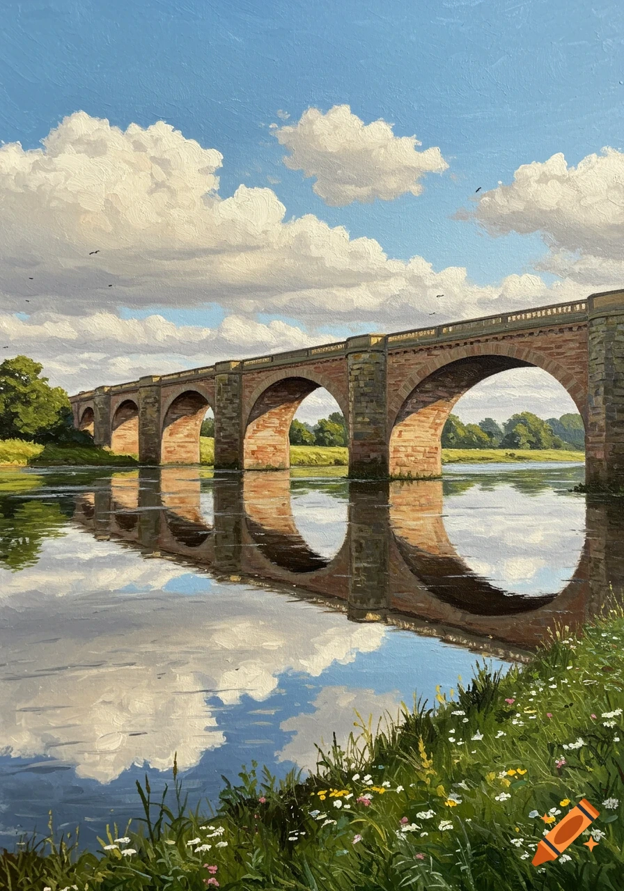 Oil painting of a stone arch bridge spanning a reflective river under a cloudy blue sky, with green banks and wildflowers.