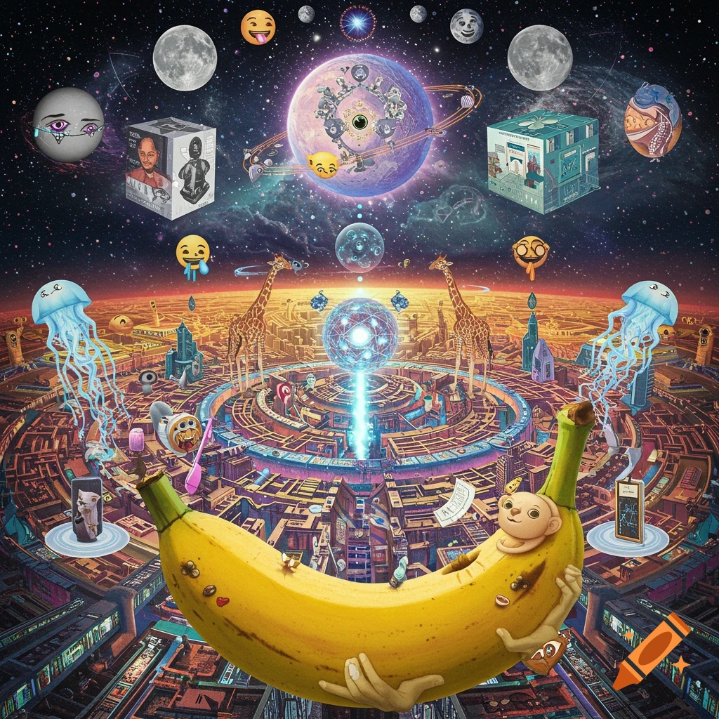 A surreal cosmic scene with a giant banana in the foreground held by hands, a labyrinthine city in the background, giraffes, jellyfish, planets, moons, and emojis in a whimsical, detailed style.