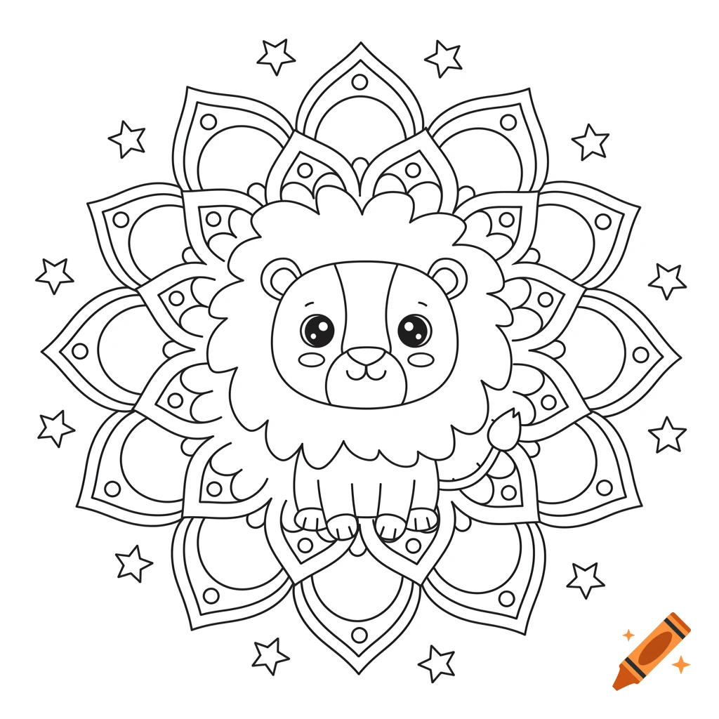 A cute cartoon lion in the center of a symmetrical floral mandala with stars around it, black-and-white line art suitable for coloring.