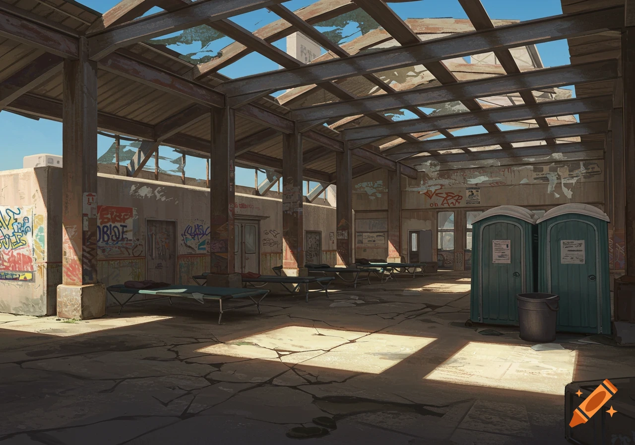 An old, dilapidated bus terminal with a broken roof, cots, and two portable toilets. Sunlight streams through the broken roof.
