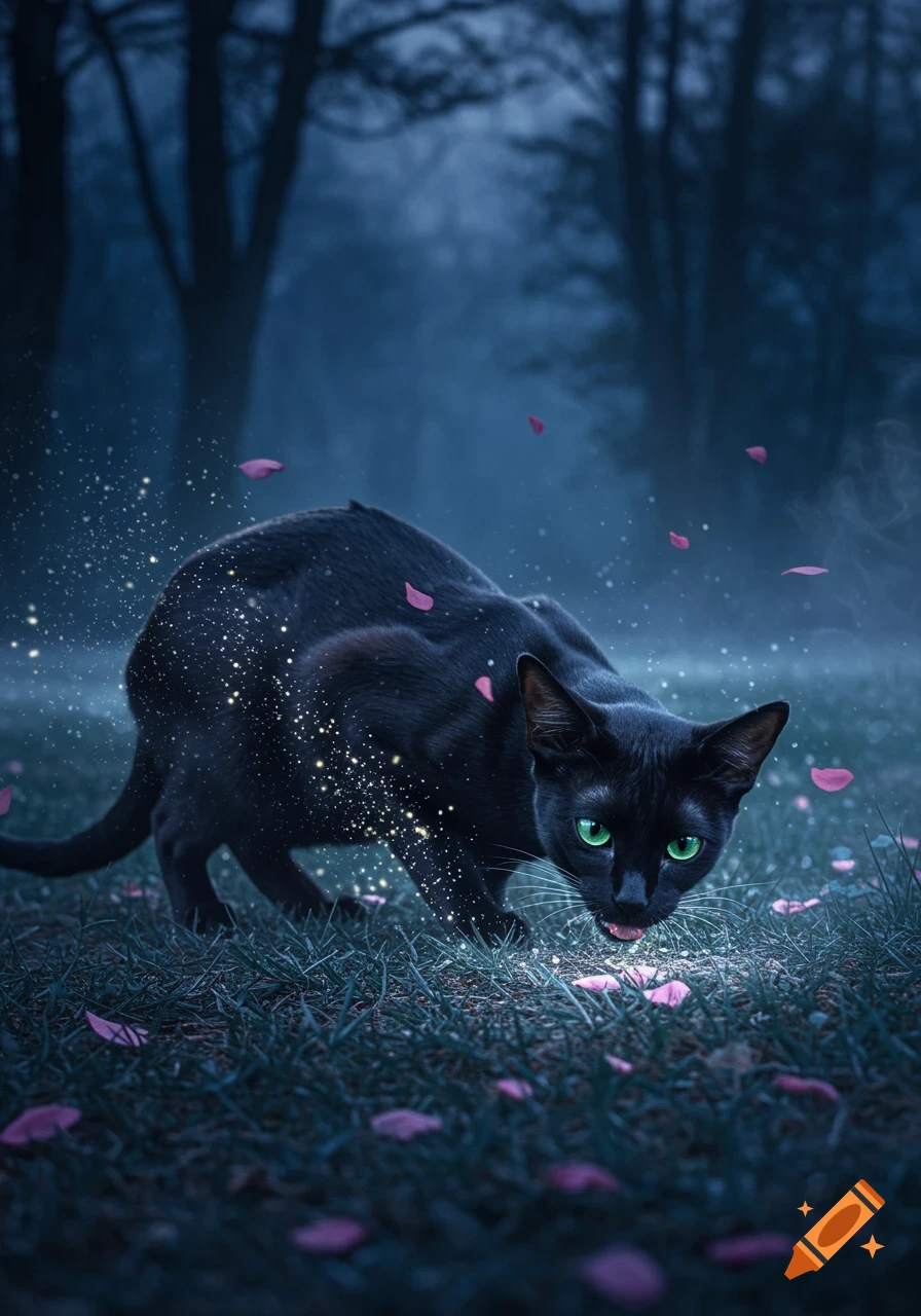 A black cat with glowing green eyes crouches in a dark, misty forest with pink petals and sparkling dust.