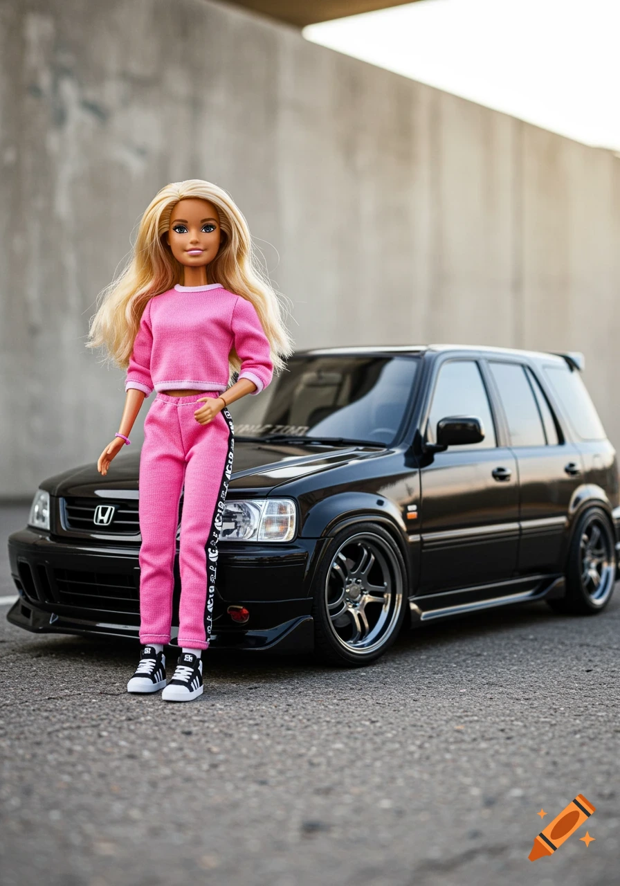 A Barbie doll in a pink tracksuit and black sneakers stands in front of a modified black Honda CRV.