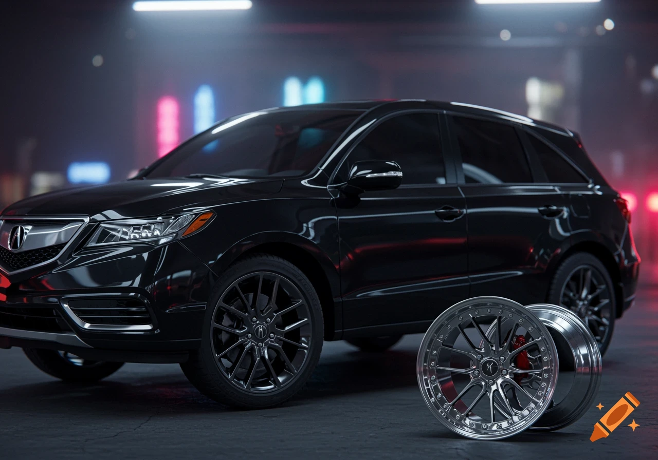 A black Acura RDX SUV parked in a dark garage with neon lights, next to two shiny chrome aftermarket rims on the floor.