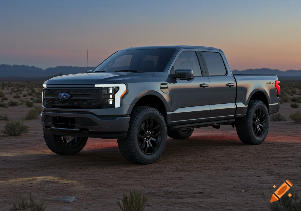 A gray Ford F-150 Lightning pickup truck is parked on a dirt road in a desert landscape at dusk.
