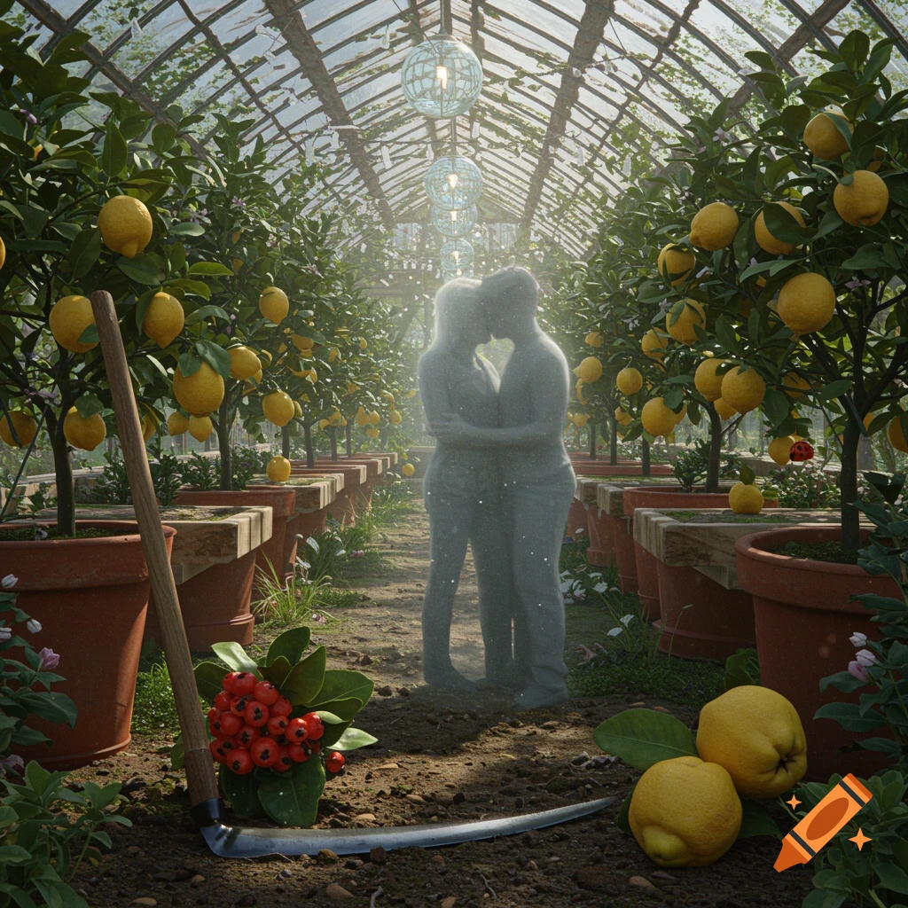 Two ethereal figures embrace in a sunlit greenhouse filled with potted lemon trees and hanging orb lights.