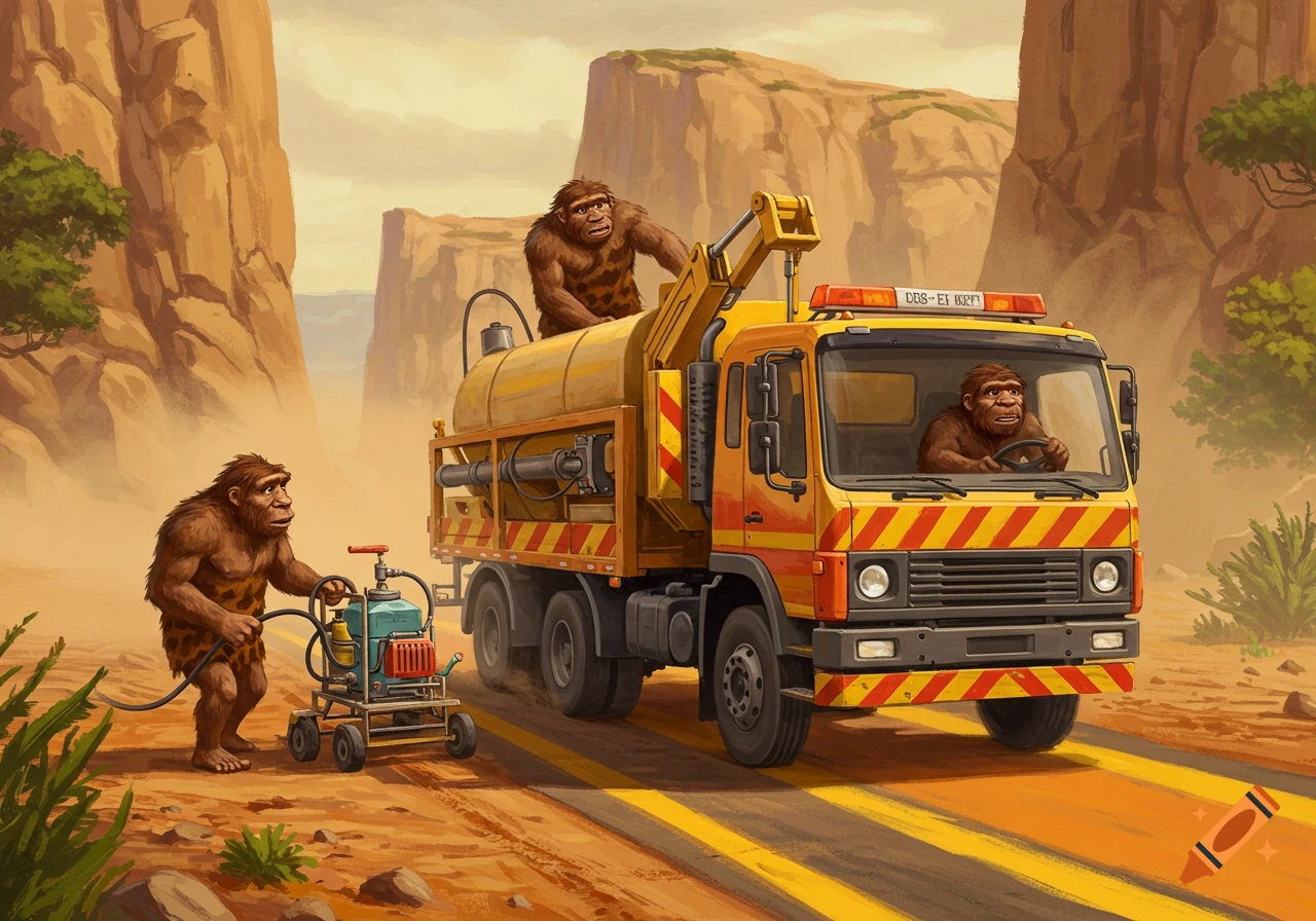 Neanderthals operating a modern yellow road striping truck in a desert landscape, with one driving and another pushing a paint cart.