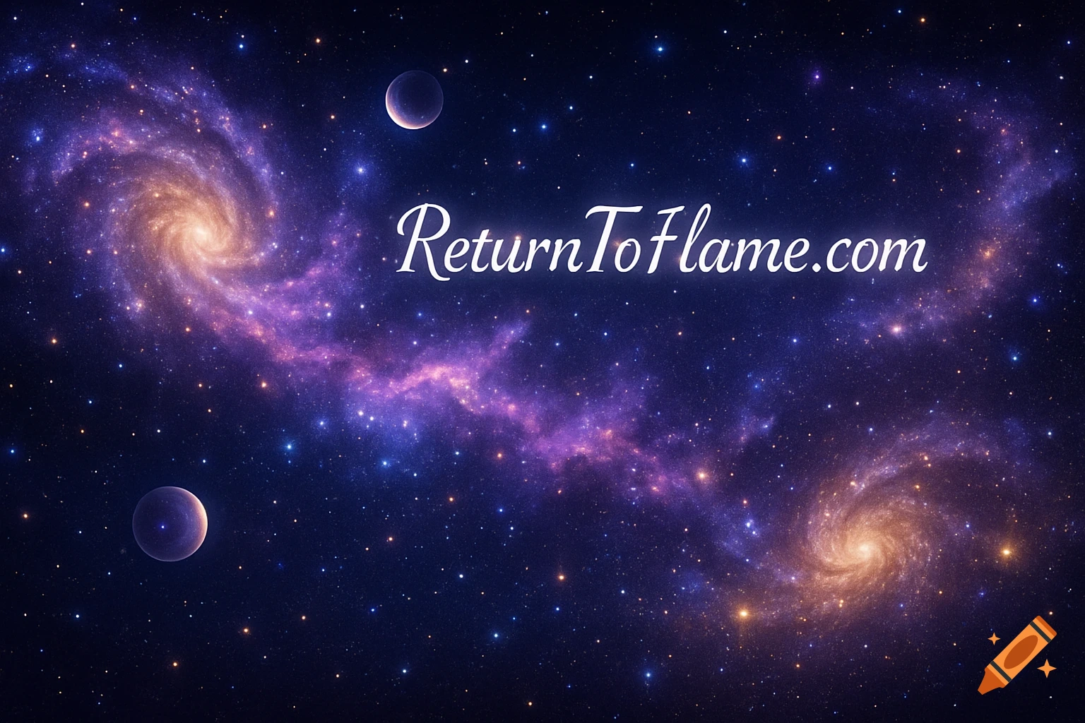 A vibrant cosmic scene featuring two spiral galaxies, a nebula, and numerous stars, with two planets and the text "ReturnToFlame.com" in white script in the center.