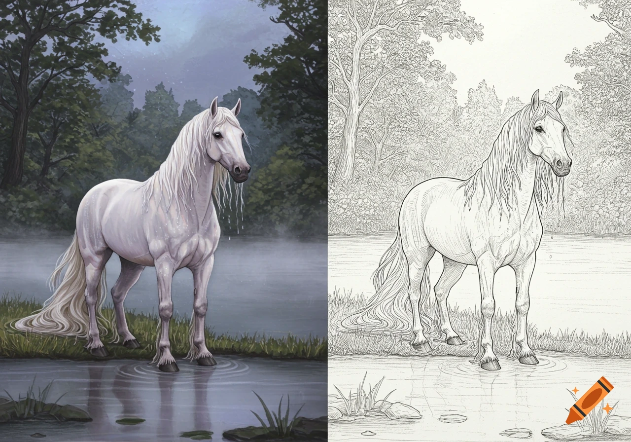 A split image showing a white horse standing in a misty lake; the left is a vivid colored illustration, the right is its black and white line art counterpart.