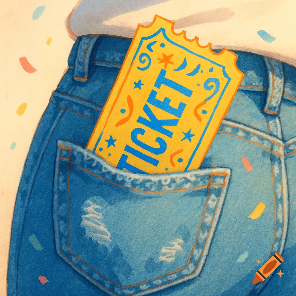 A yellow ticket with blue text reading 'TICKET' in a blue jean back pocket, with confetti-like specks in an illustration style.