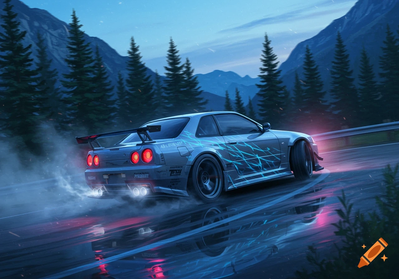 A stylized illustration of a silver Nissan GT-R R34 drifting on a wet mountain road at dusk, with glowing blue light streaks.