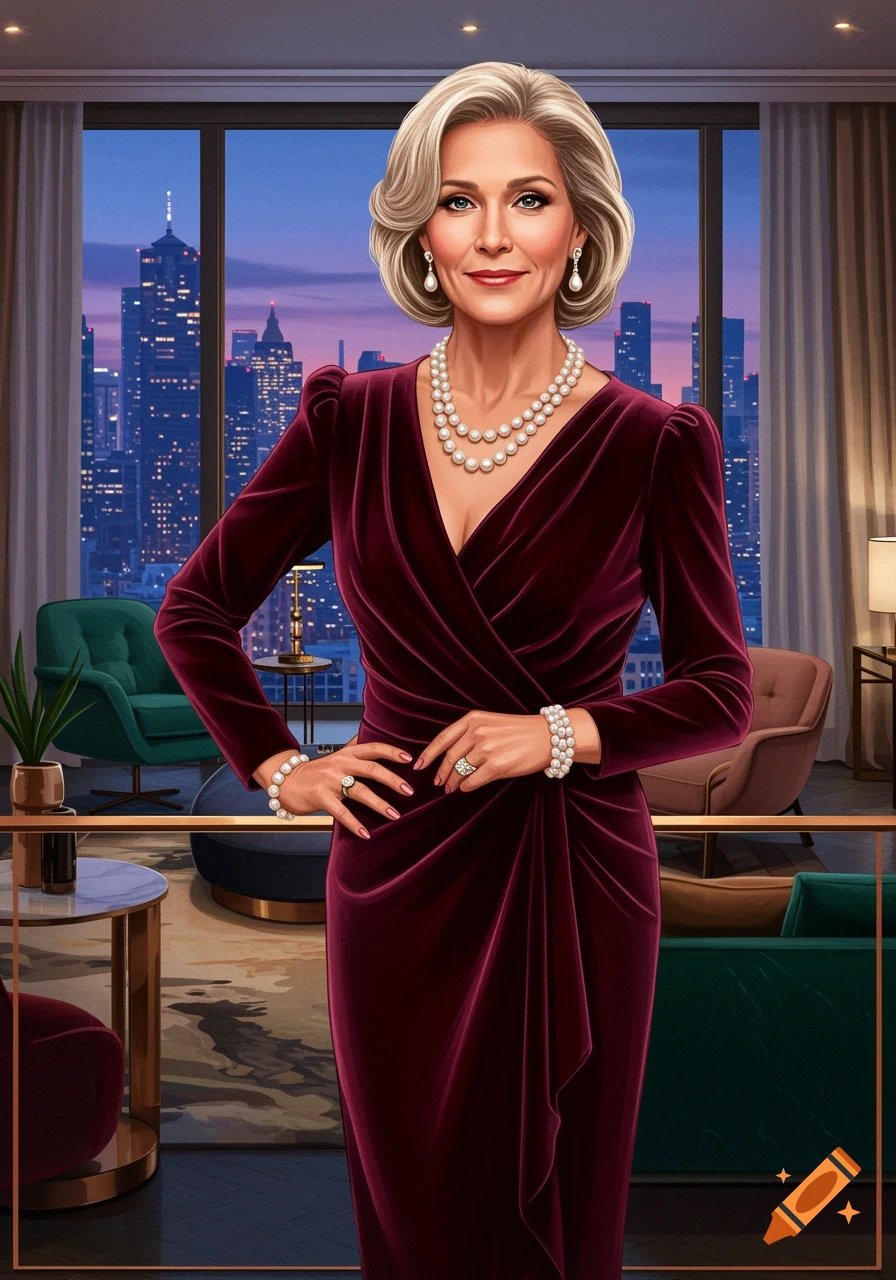 A stylish older woman in a red velvet dress and pearls stands in a luxury apartment overlooking a city skyline at night, rendered in a digital art style.
