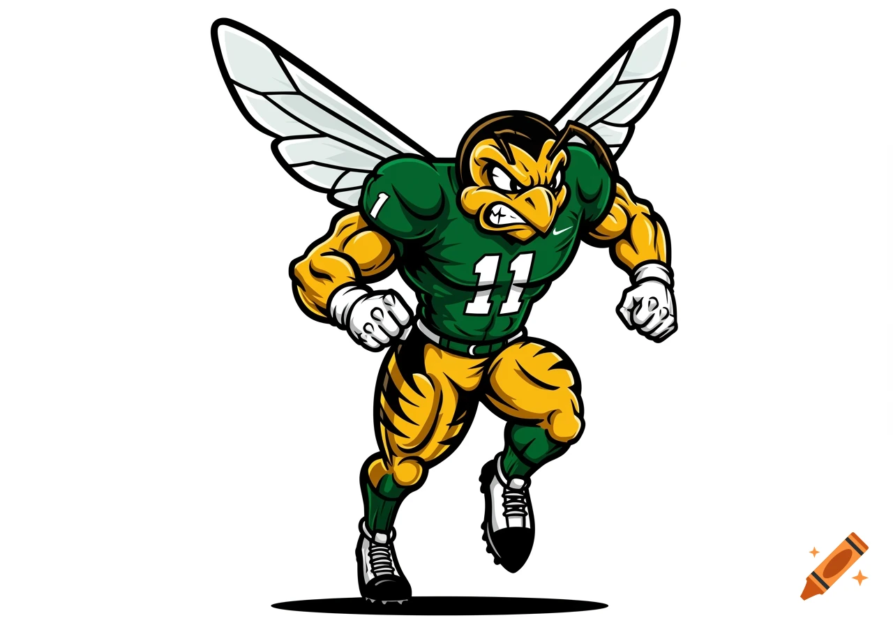 Muscular hornet mascot in green football gear, number 11, charging forward in a bold vector art style.