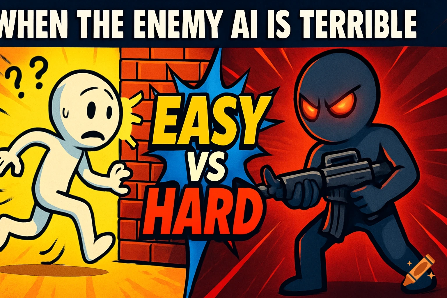 Cartoon thumbnail showing a confused stick figure on the left and an armed, serious stick figure on the right. Text reads "WHEN THE ENEMY AI IS TERRIBLE" and "EASY vs HARD".