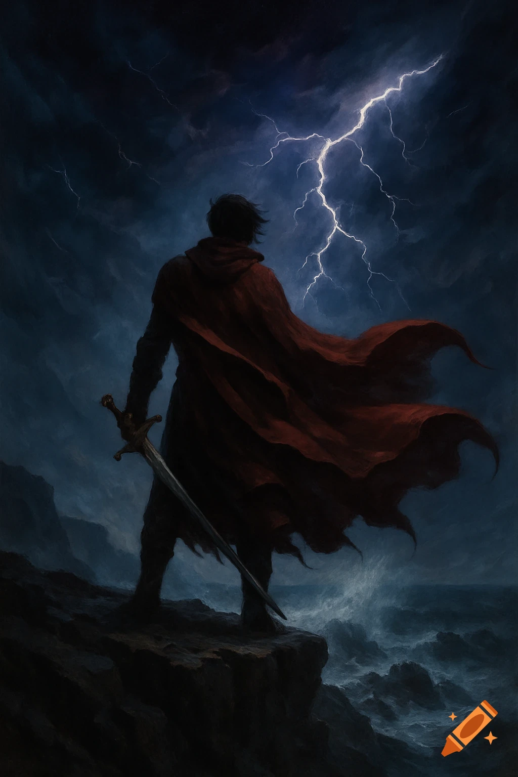 A person in a red cloak stands on a cliff with a sword, facing a stormy sea and a lightning strike in the dark sky.