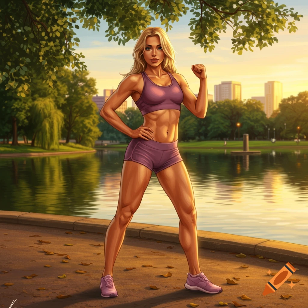 Muscular blonde woman in purple sports bra and shorts flexing by a lake in a park at sunset, city buildings visible.
