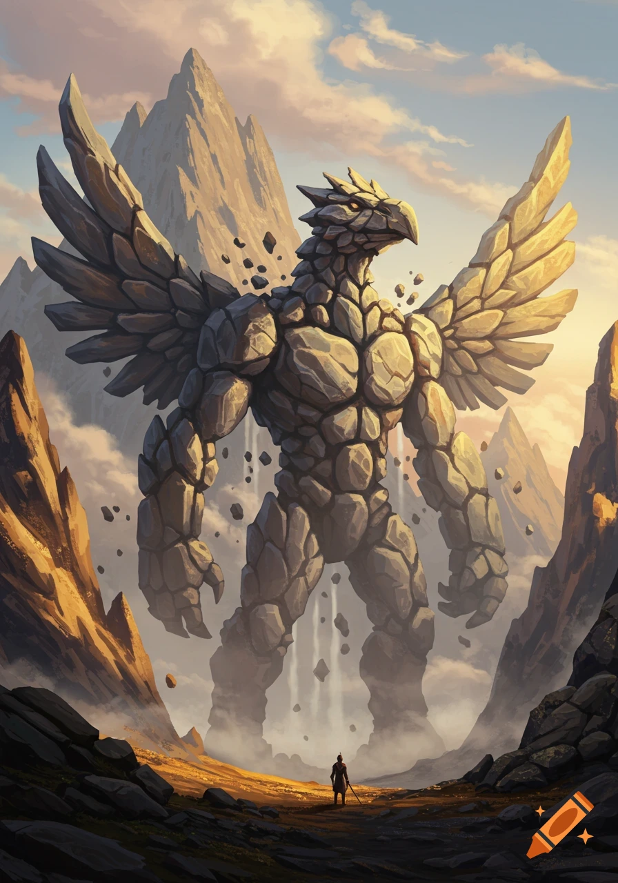 A towering, winged rock monster looms over a small human figure in a vast, sunlit mountainous landscape.