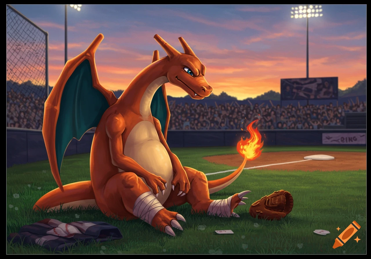 Charizard sits on the grass of a baseball field at sunset, looking down, with a baseball glove nearby.