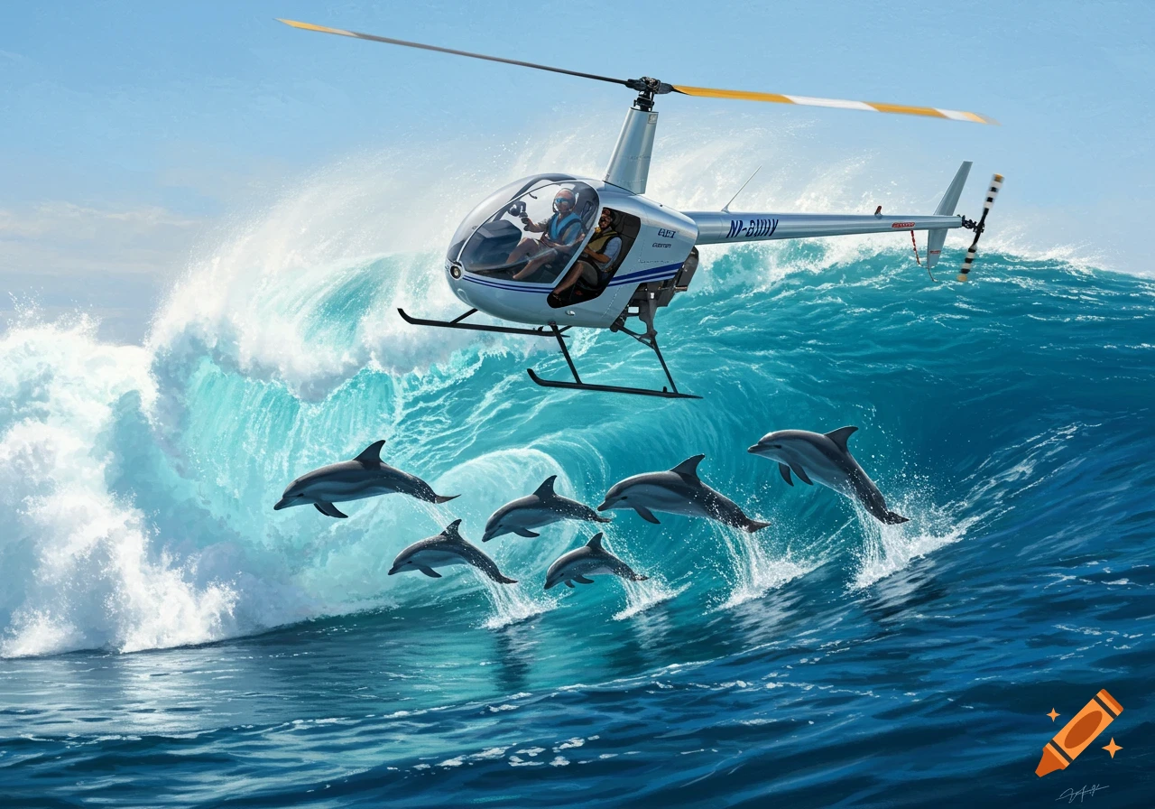 A grey helicopter flies low over a large blue ocean wave, with several dolphins leaping out of the water in front of it. The sky is bright blue.
