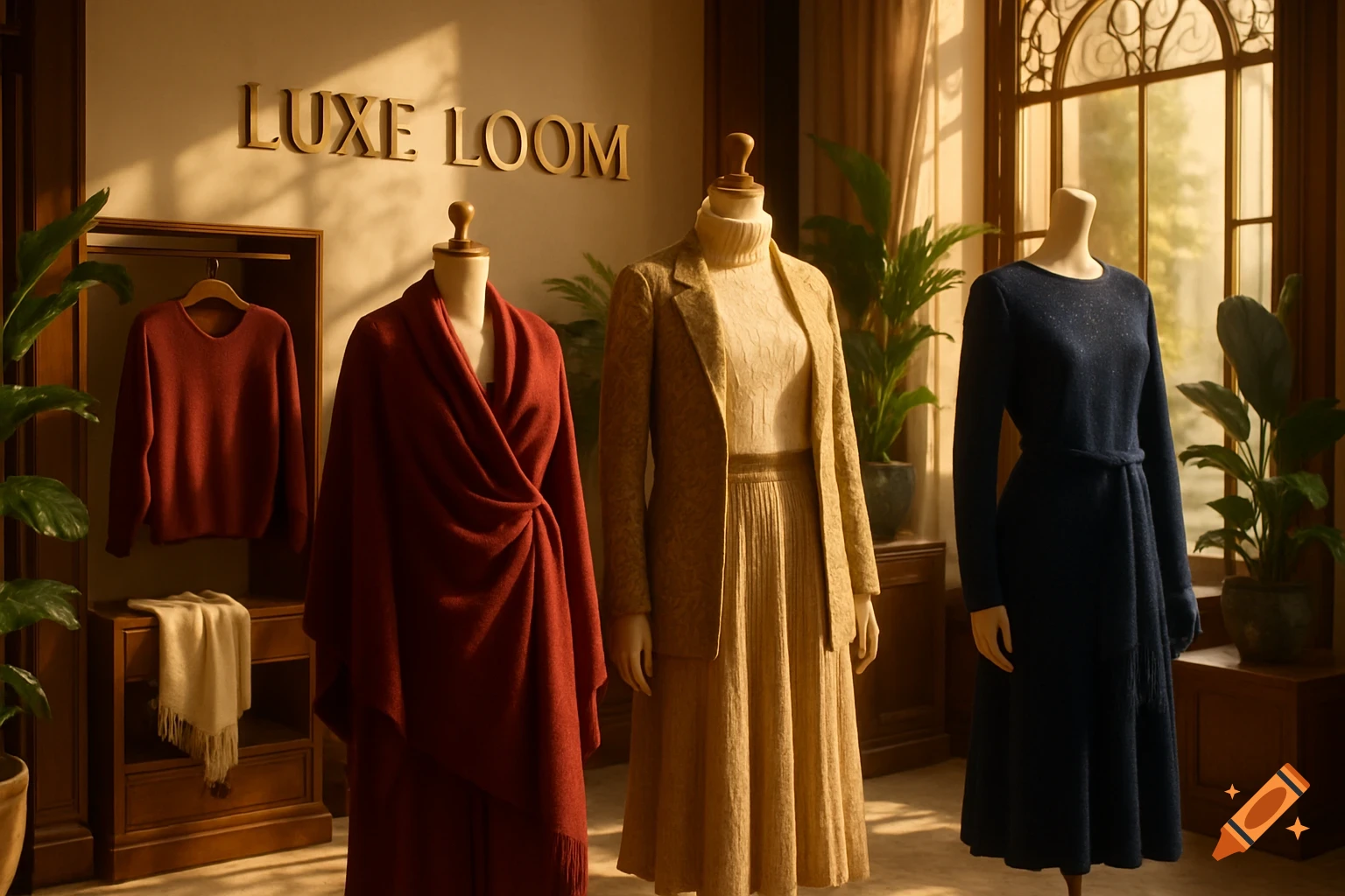 Mannequins display a red wrap, a beige skirt suit, and a navy dress in a clothing store with a "LUXE LOOM" sign.