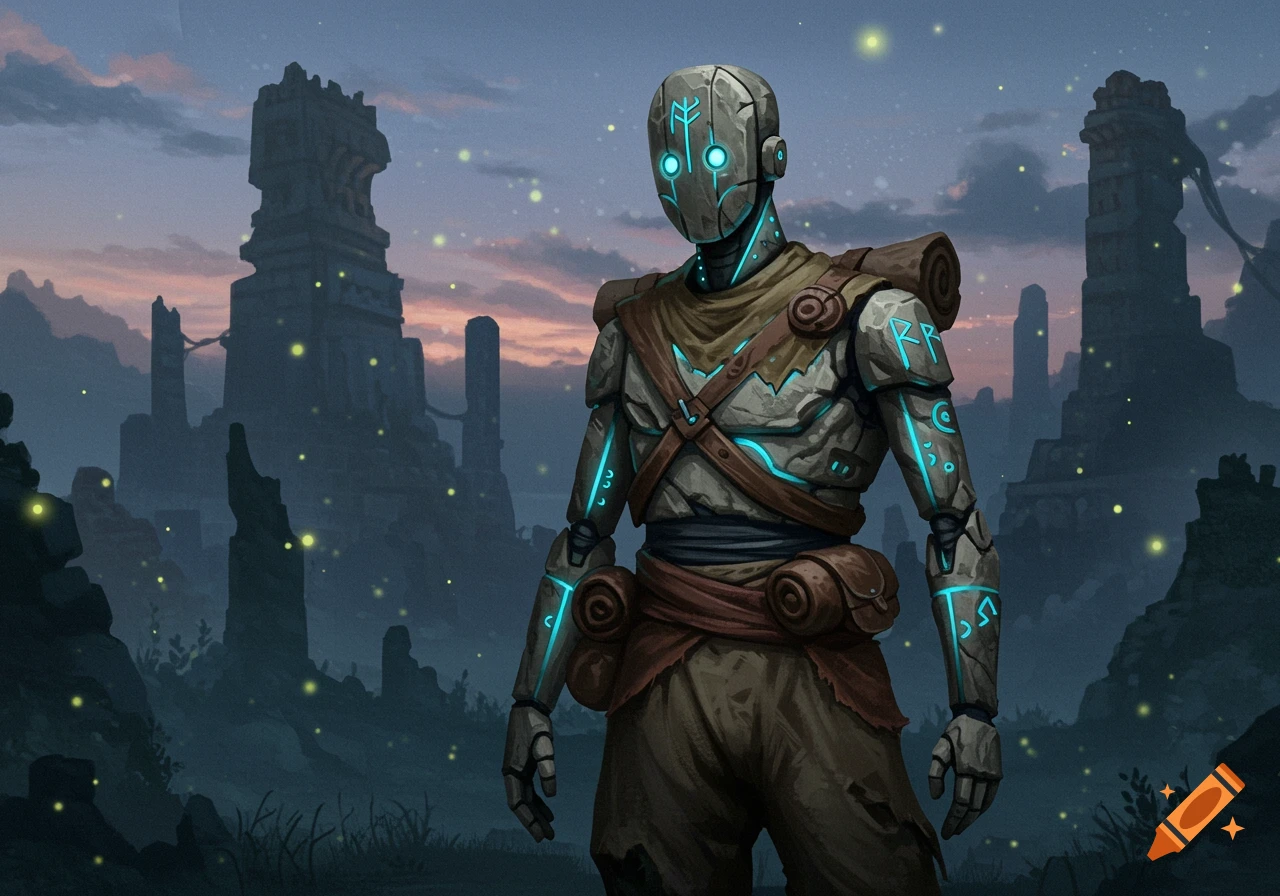 A stone android with glowing blue runes and traveler's clothes stands amidst ancient ruins at dusk, with fireflies around.