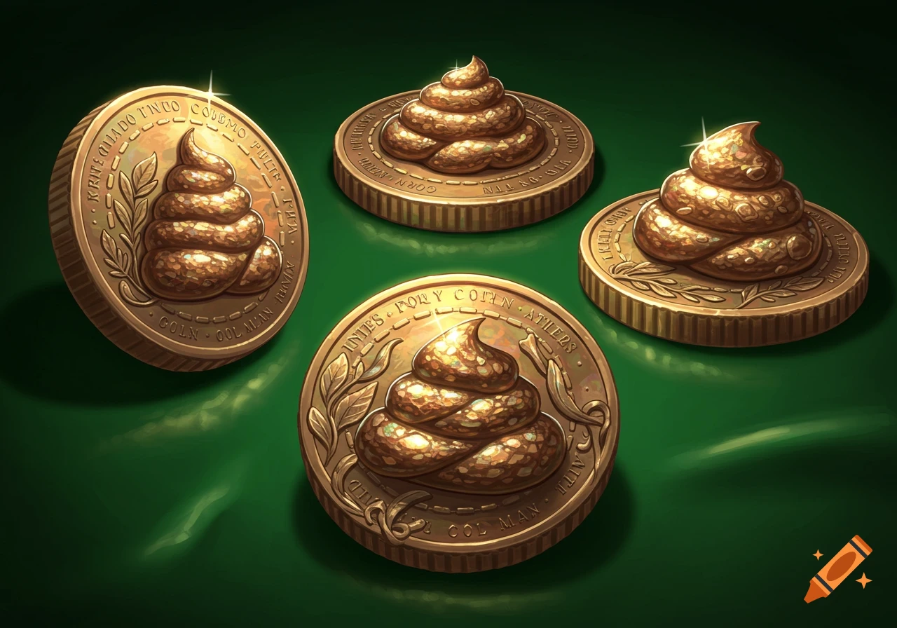 Four shiny gold coins with stylized piles of poop on them, arranged on a dark green surface.