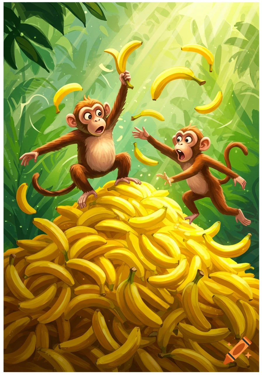A cartoon monkey standing on a pile of bananas throws one at another monkey in a jungle.