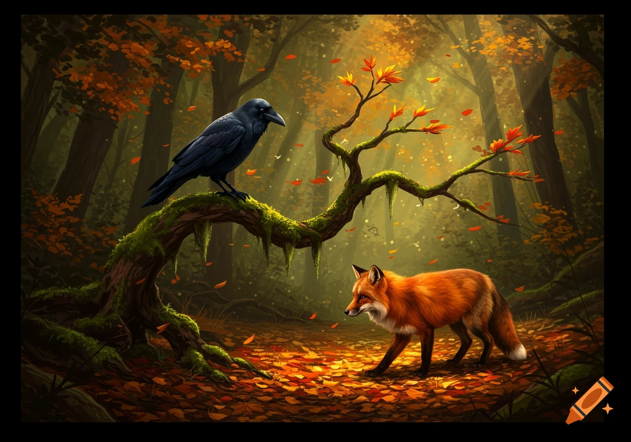A crow on a mossy branch observes a red fox walking through fallen autumn leaves in a sunlit forest.