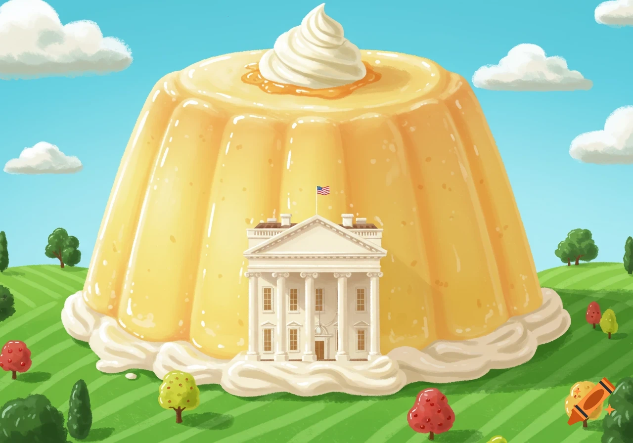 Illustrative image of the White House positioned in front of a giant yellow pudding on rolling green hills under a blue sky.