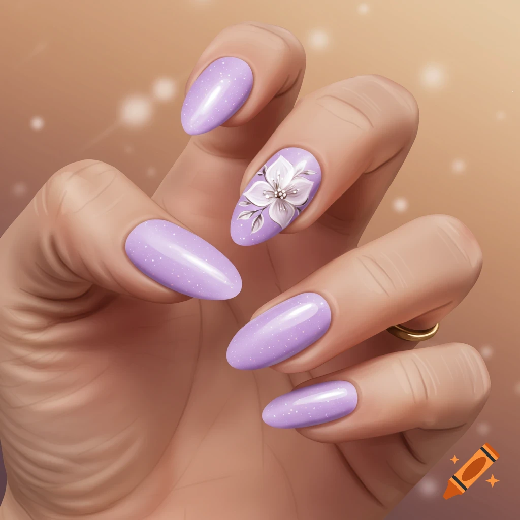 Close-up of a hand with shiny lavender almond-shaped nails, one finger features a white 3D flower design.