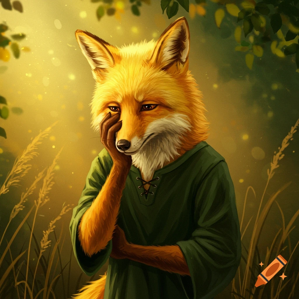 A thoughtful yellow anthropomorphic fox in a green tunic, paw on face, in a sunlit forest digital painting.