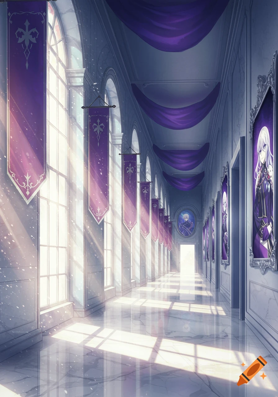 A bright, grand hall with tall windows on the left and marble floors reflecting light. Purple banners and silver-framed anime portraits adorn the right wall, leading to an open doorway at the end.