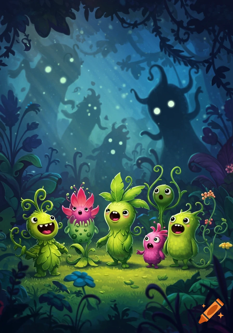 Five vibrant, cute plant creatures stand in a magical forest with spooky shadow figures in the background, cartoon style.