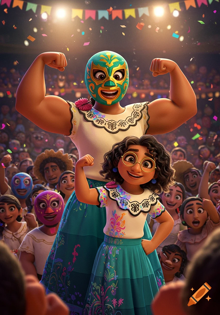 Animated Mirabel and her masked, muscular mother flexing at a confetti-filled wrestling event with a cheering crowd.