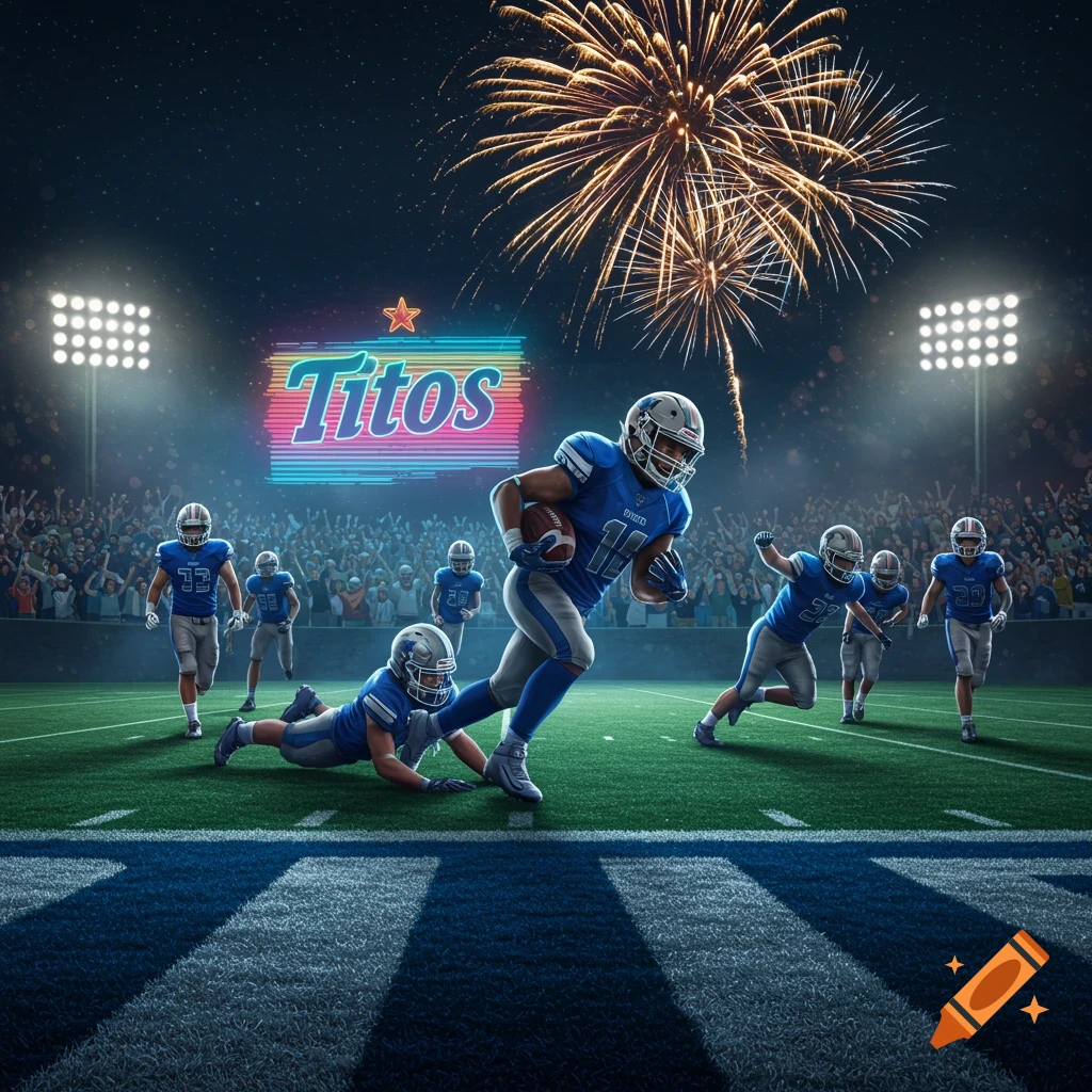 Photorealistic football game at night with players, stadium lights, fireworks, and a neon 'Titos' sign.