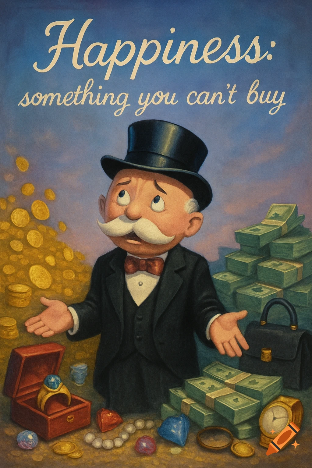 Painted illustration of the Monopoly Man looking confused amidst piles of money and jewels, with text 'Happiness: something you can't buy' above him.