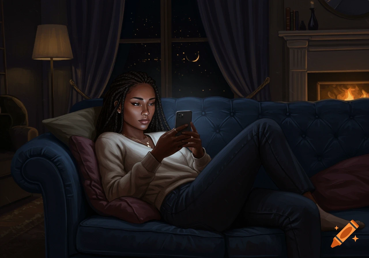 A digital painting of a woman with braids reclining on a blue couch at night, looking at her phone. A fireplace glows in the background.