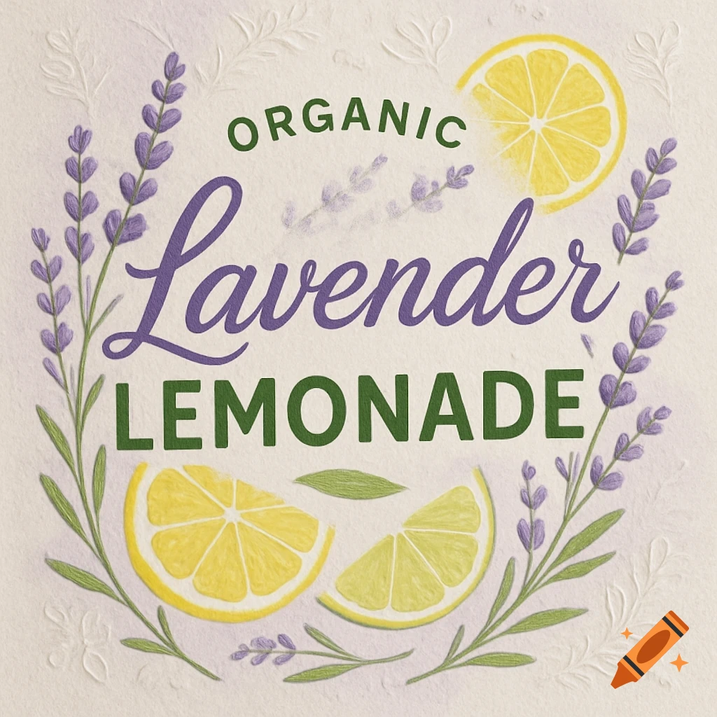 A vintage-style label for organic lavender lemonade, featuring purple lavender sprigs and yellow lemon slices arranged around the text on an off-white background.