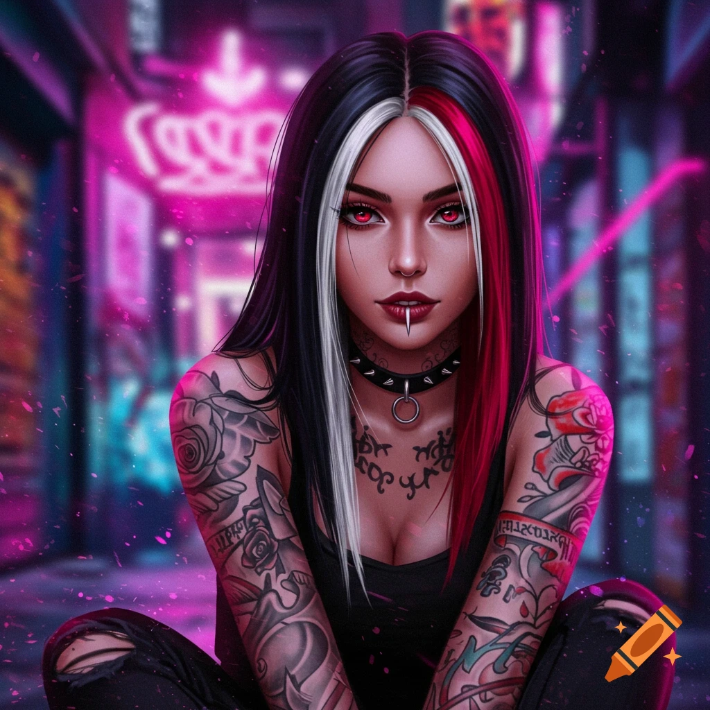 Digital art portrait of a woman with red and white streaks in her dark hair, red eyes, facial piercing, choker, and full arm tattoos, against a blurred neon pink city background.