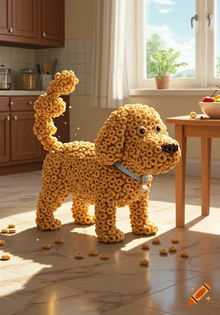 A photorealistic image of a dog made entirely out of golden Cheerios standing on a tiled kitchen floor with sunlight streaming in.