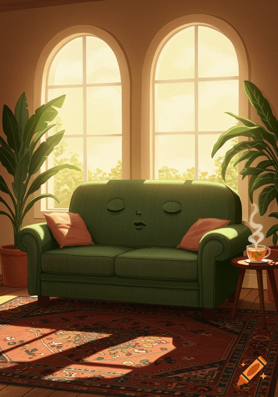 An illustrated living room with a green sofa featuring a sleepy face, surrounded by plants and sunlight streaming through arched windows.