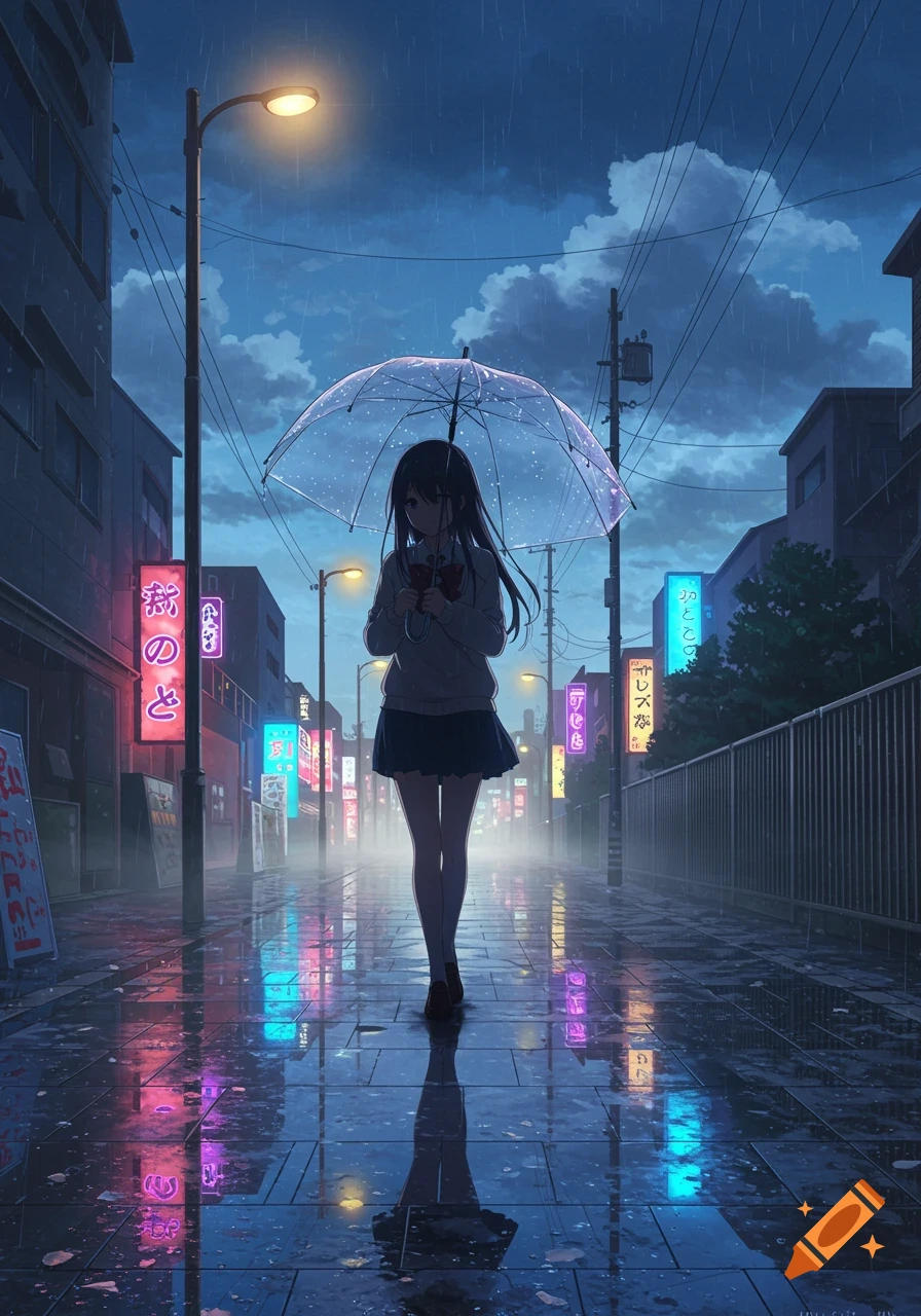 Anime girl walks with a clear umbrella on a wet, neon-lit city street at night in the rain.